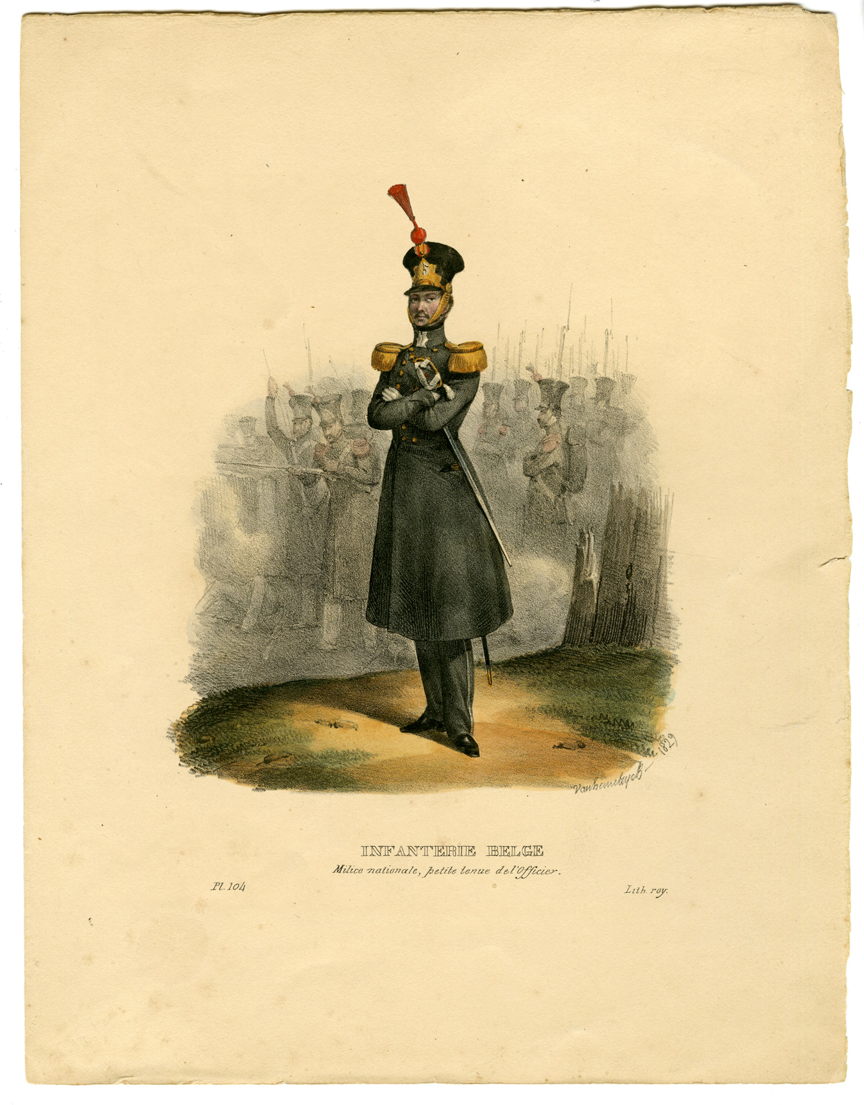 , Antique Print-INFANTRY SOLDIER-OFFICER-MILITARY-BELGIUM-van Hemelryck-1829, Pictura Antique Prints