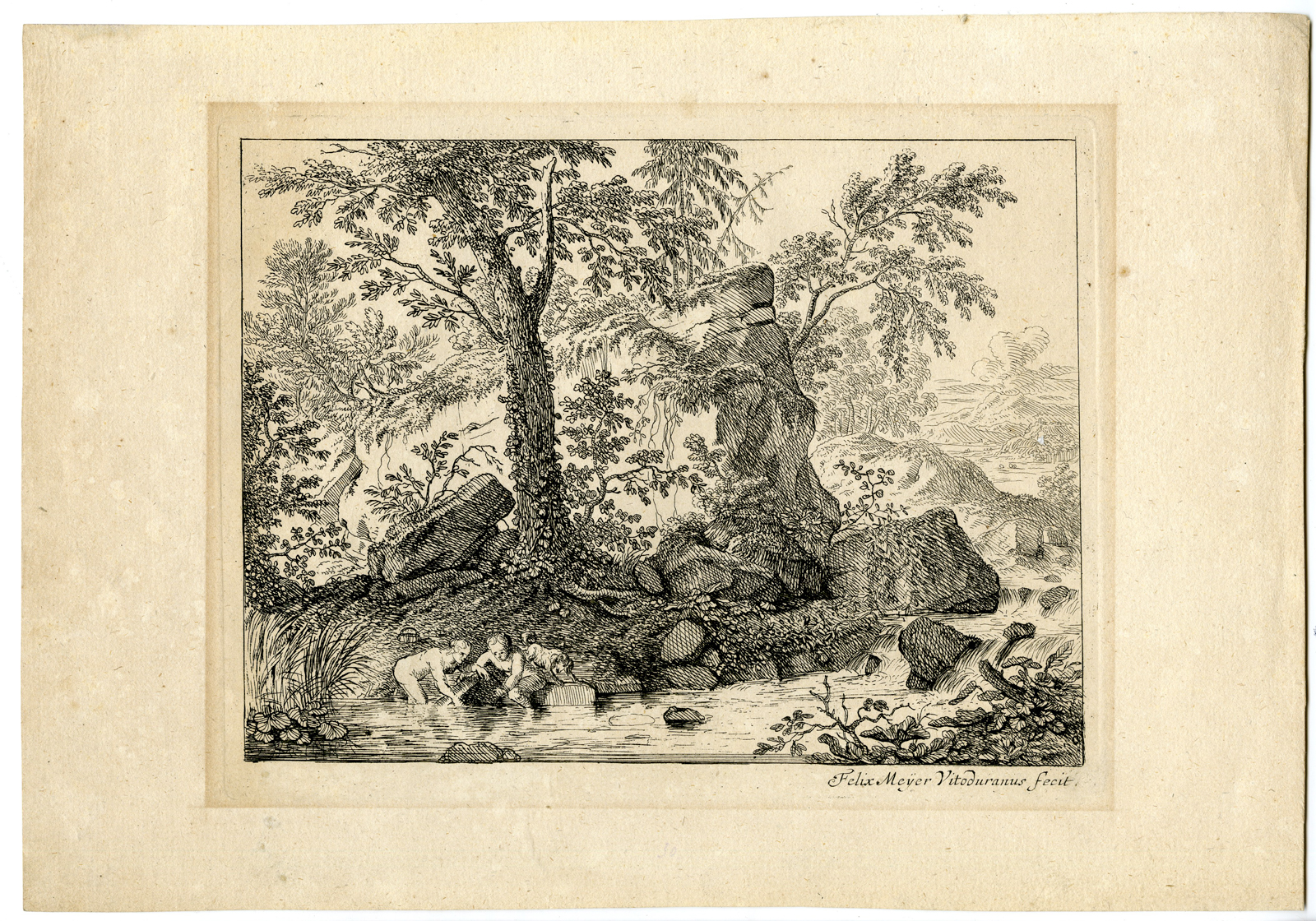 , Antique Master Print-LANDSCAPE WITH RIVER AND BATHERS-Felix Meyer-1677, Pictura Antique Prints