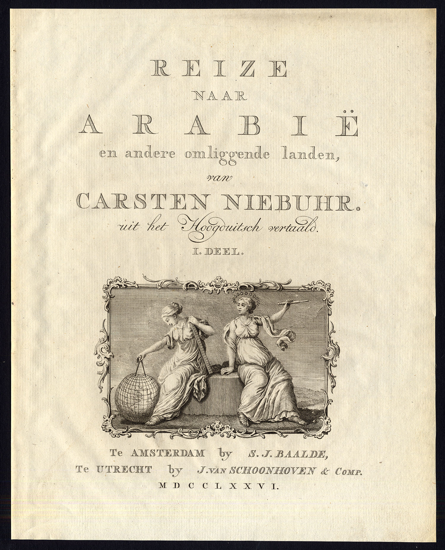 , Antique Print-TITLE PAGE-ALLEGORY-EXPLORATION-GLOBE-Niebuhr-1774, Pictura Antique Prints