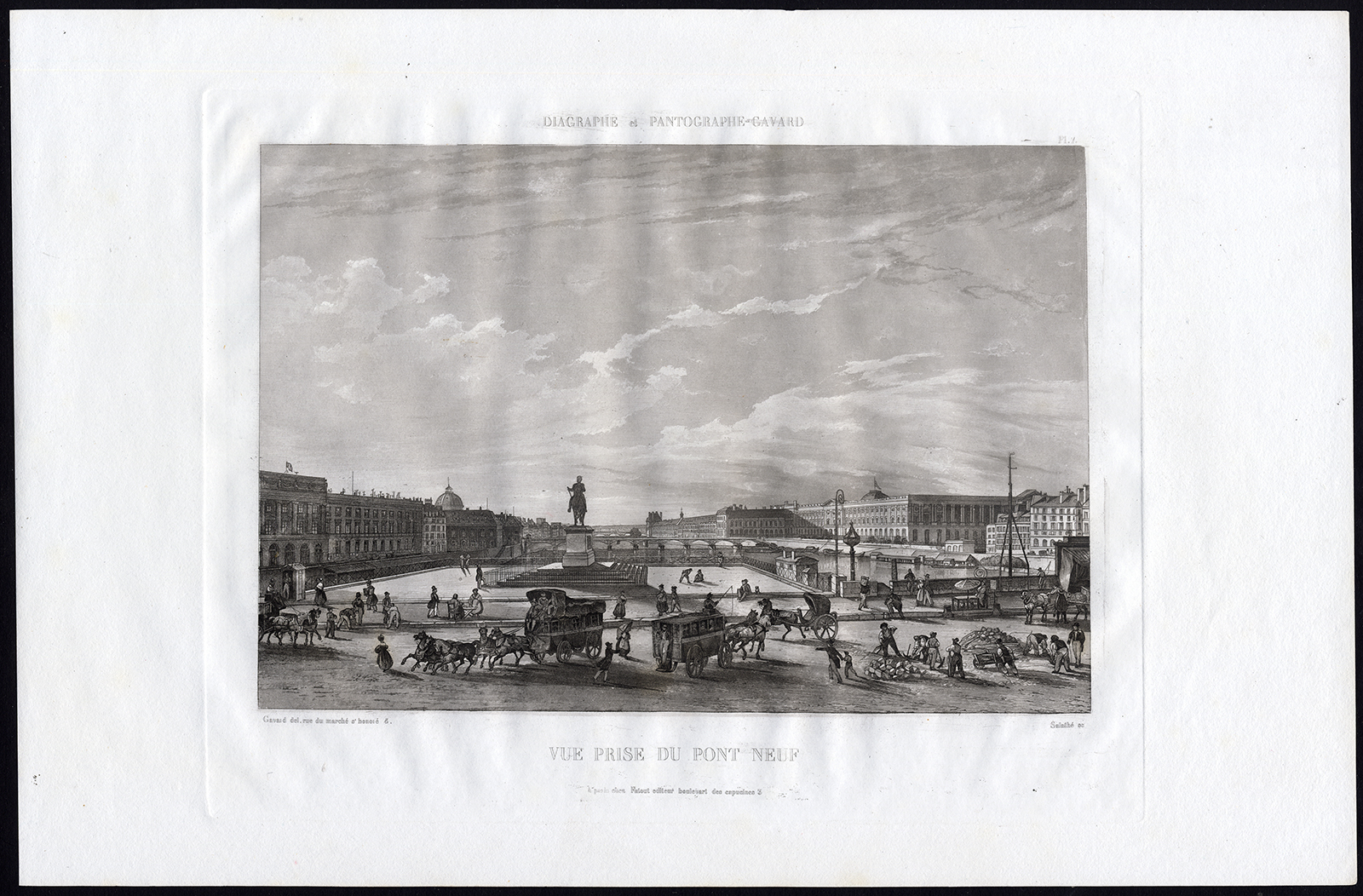 , Antique Print-Aquatint-PARIS-PONT NEUF-BRIDGE-SEINE-Pl. 7-Salathe-Gavard-1845, Pictura Antique Prints