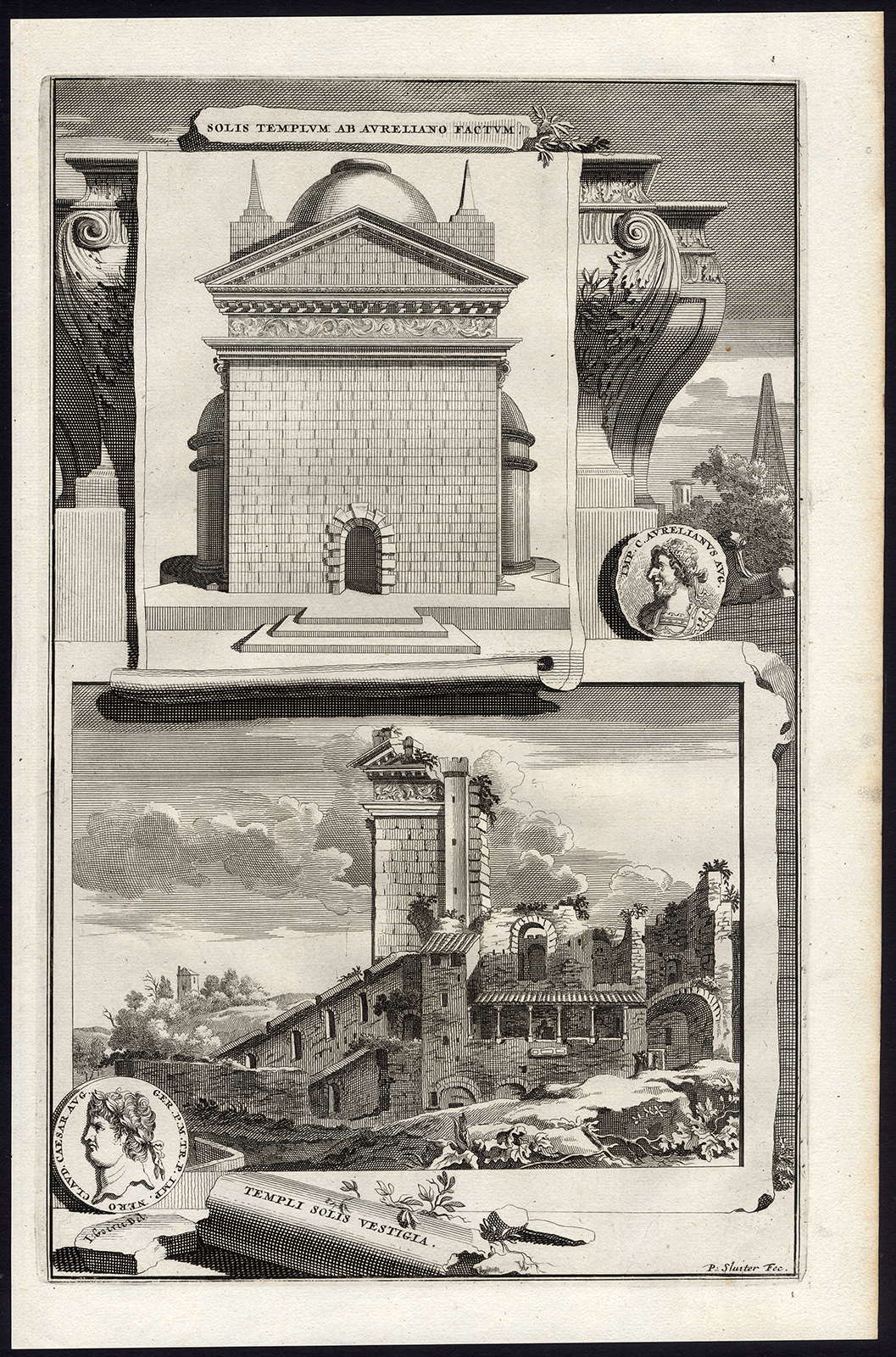, Antique Print-TEMPLE OF SOL-AURELIA-RUIN-ROME-ITALY-Goeree-Sluiter-1704, Pictura Antique Prints
