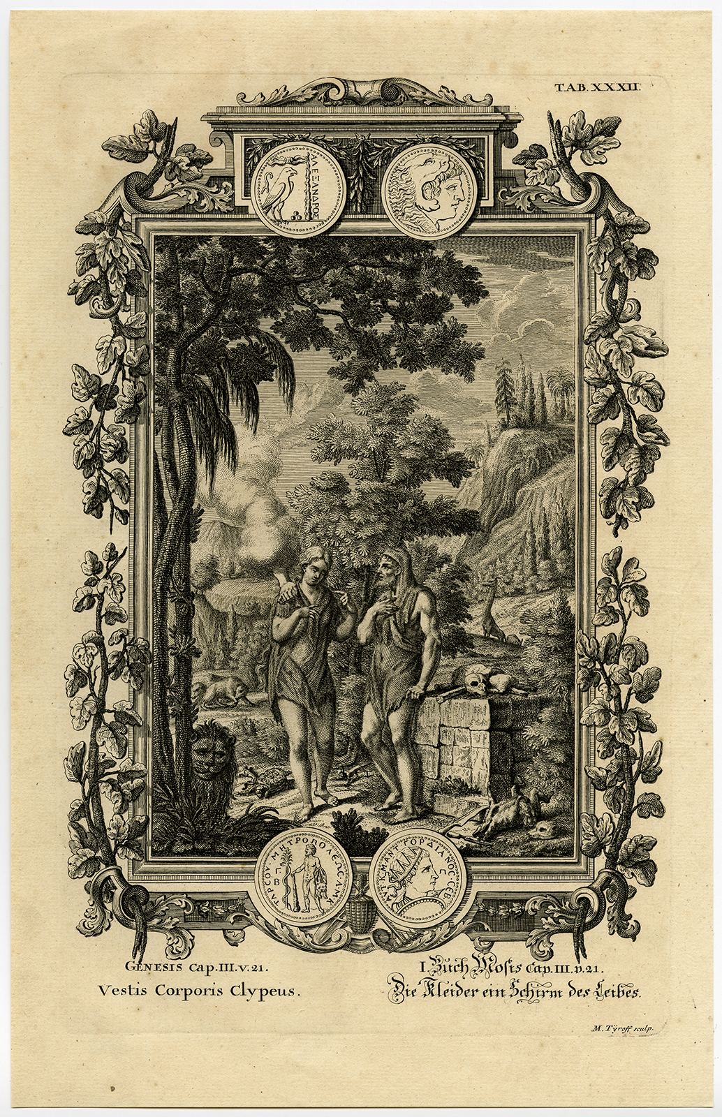 , Antique Print-GENESIS-CLOTHING-GOD-ADAM-EVE-Scheuchzer-Fussli-1731, Pictura Antique Prints