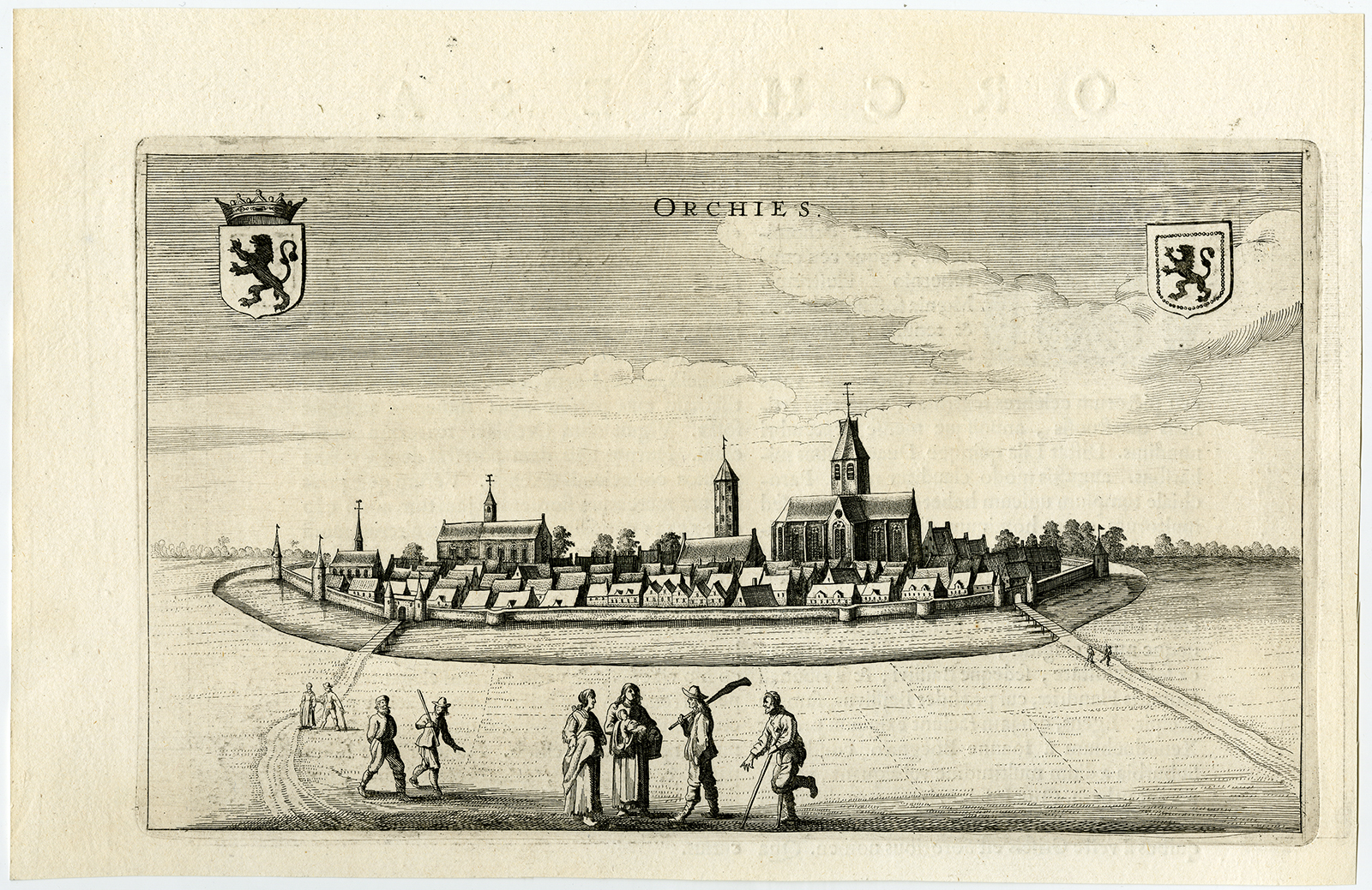, Antique Print-VIEW-COAT OF ARMS-ORCHIES-FRANCE-Blaeu-1649, Pictura Antique Prints