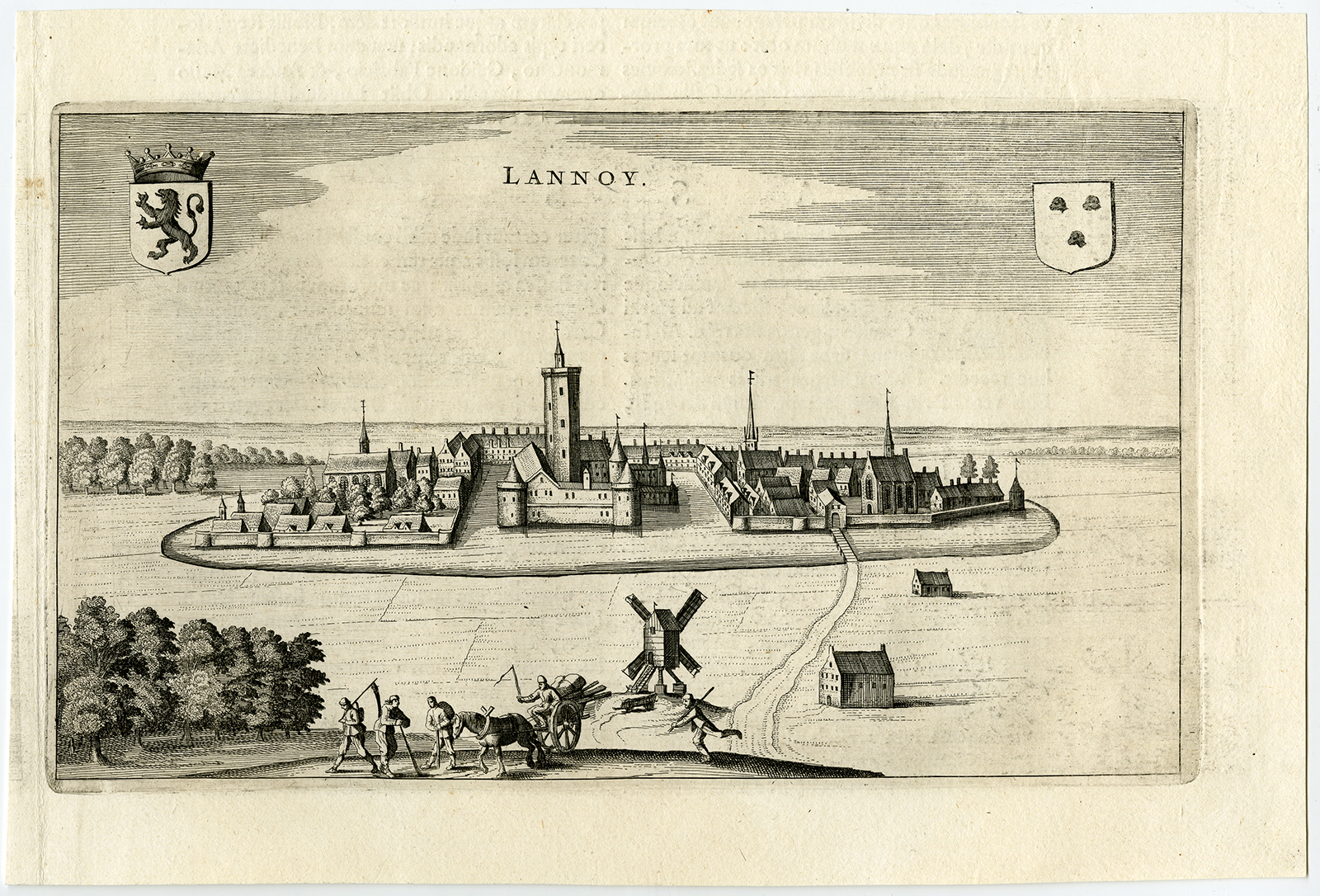 , Antique Print-VIEW-COAT OF ARMS-LANNOY-FRANCE-Blaeu-1649, Pictura Antique Prints