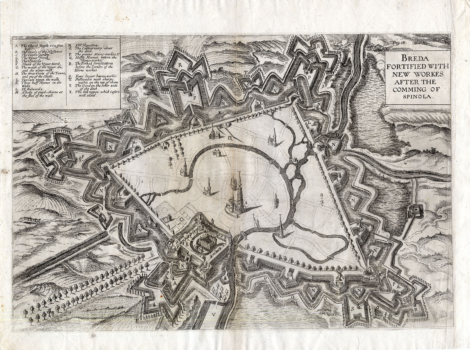 , Antique Map-BREDA-FORTIFICATION-SPINOLA-CITY-Herman Hugo-1627, Pictura Antique Prints