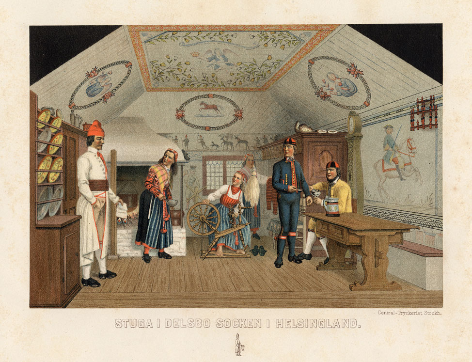 , Antique Print-COTTAGE-HALSINGLAND-SWEDEN-Hazelius-1885, Pictura Antique Prints