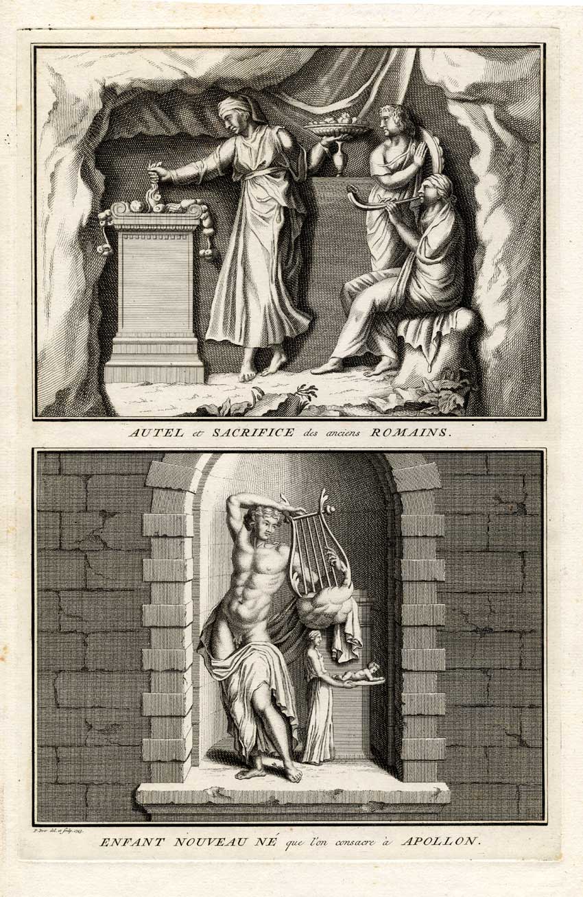 , Antique Print-ANCIENT ROME-APOLLO-ALTAR-Picart-1727, Pictura Antique Prints