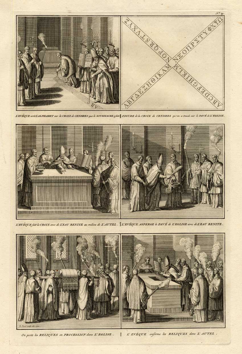 , Antique Print-BISHOP-ROMAN CATHOLIC-CROSS-ASHES-HOLY WATER-Pl. 29-Picart-1727, Pictura Antique Prints