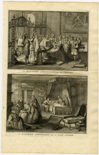 Antique Print-BAPTISM-PRIEST-MIDWIFE-BABY-Picart-1727