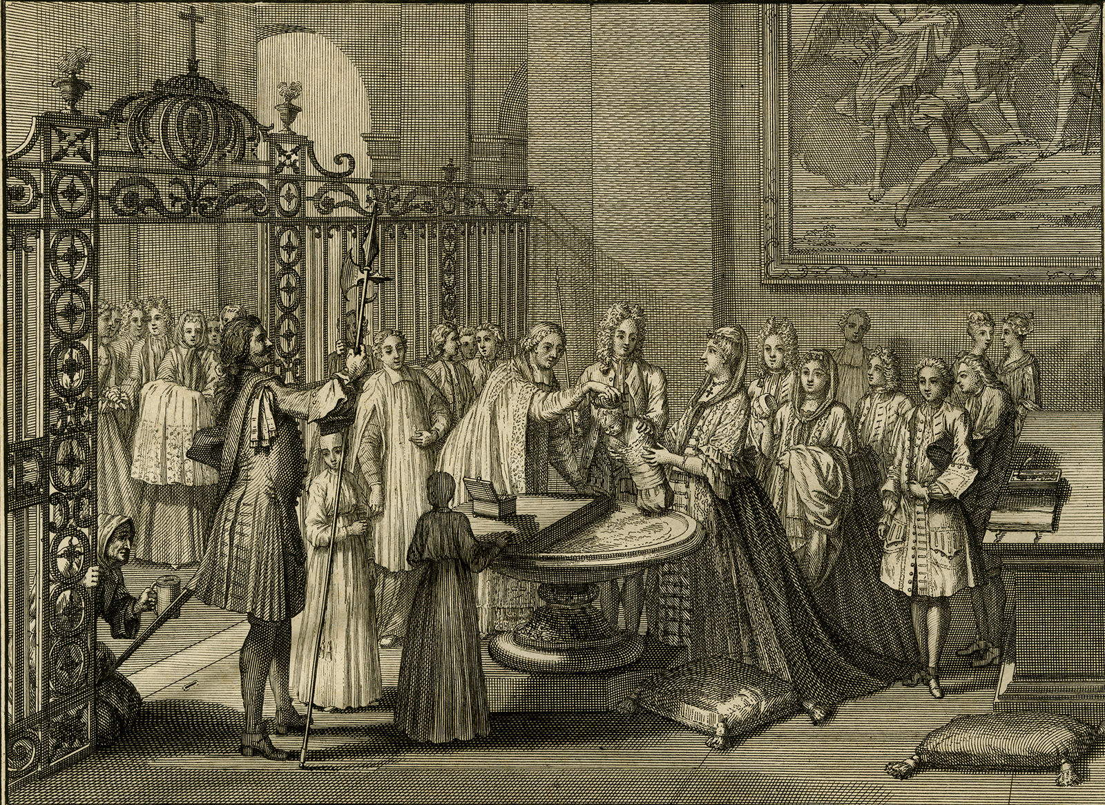 , Antique Print-BAPTISM-PRIEST-MIDWIFE-BABY-Picart-1727, Pictura Antique Prints