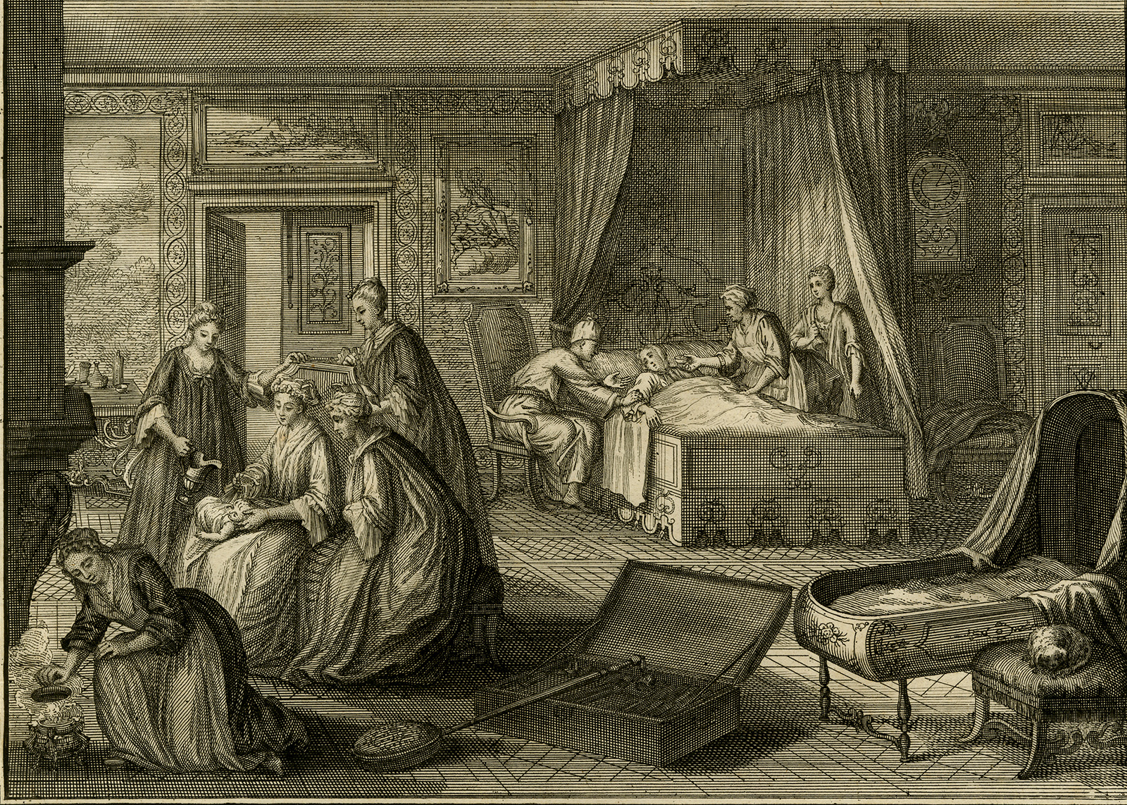 , Antique Print-BAPTISM-PRIEST-MIDWIFE-BABY-Picart-1727, Pictura Antique Prints