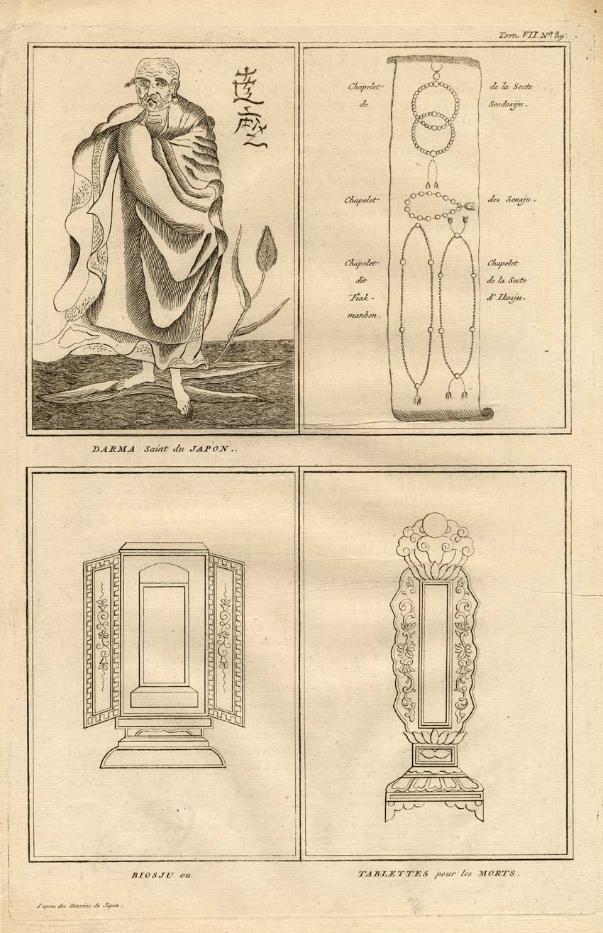 , Antique Print-JAPAN-SAINT-DARMA-ROSARY- BIOSJU-ALTAR-Picart-1727, Pictura Antique Prints