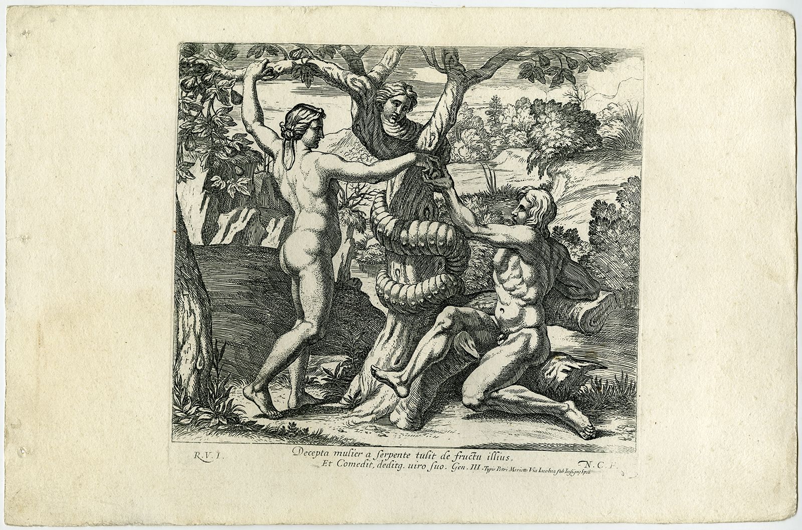 , Antique Print-ADAM-EVE-SNAKE-PARADISE-Chapron-1649, Pictura Antique Prints