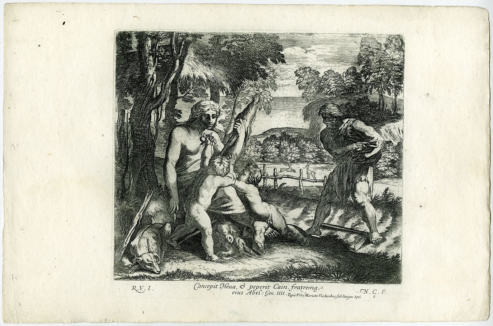 , Antique Print-CAIN-ABEL-GENESIS-DOG-Chapron-1649, Pictura Antique Prints