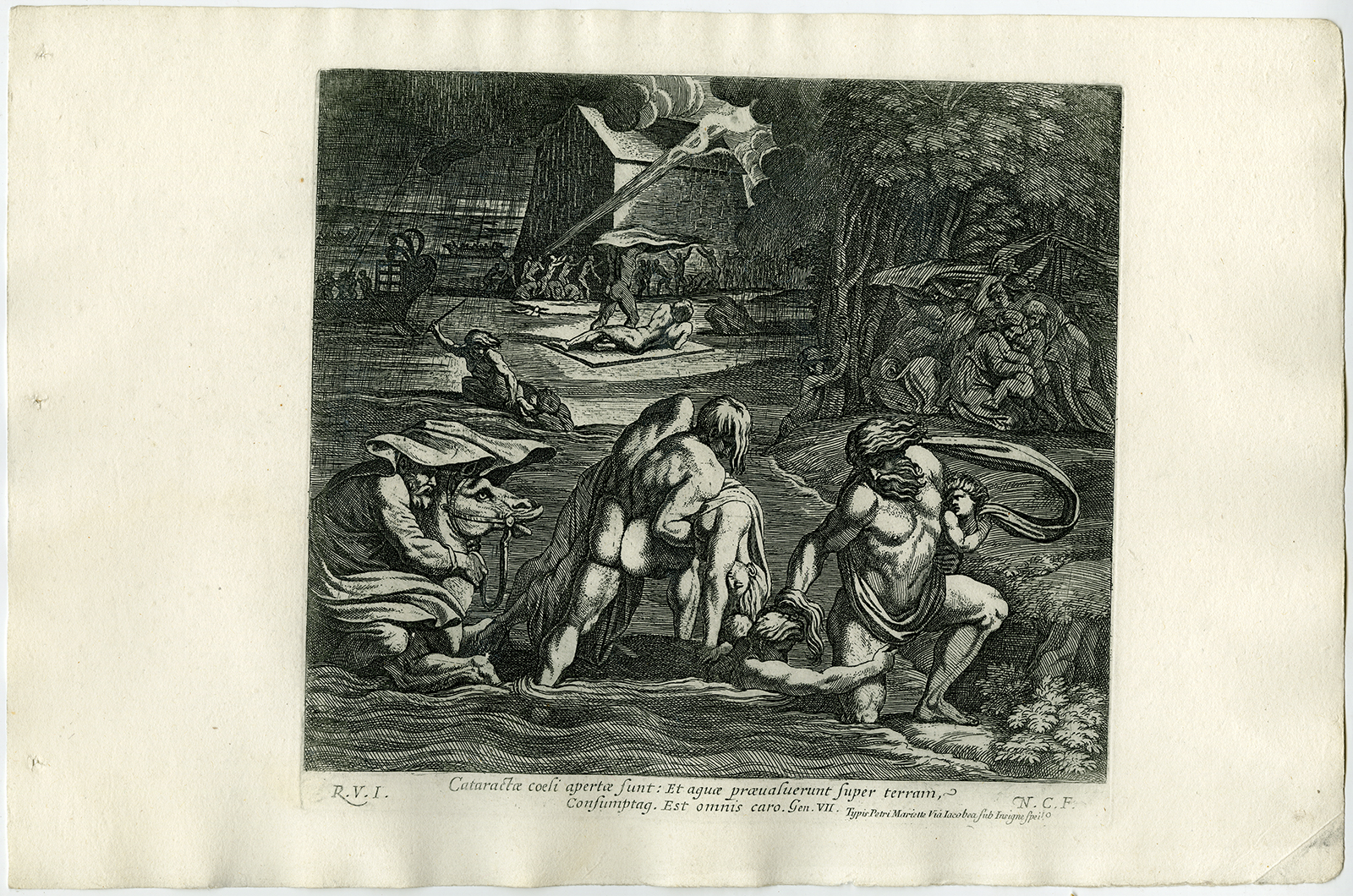 , Antique Print-DELUGE-FLOOD-GENESIS-BIBLE-Chapron-1649, Pictura Antique Prints