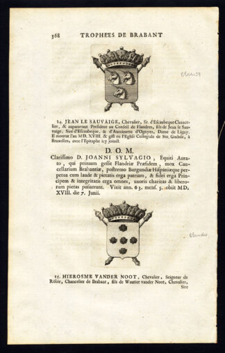2 Antique Prints-COAT OF ARMS-SAUVAIGE-NOOT-Butkens-1724