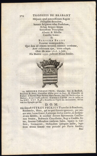 2 Antique Prints-COAT OF ARMS-PECK-DAMANT-Butkens-1724
