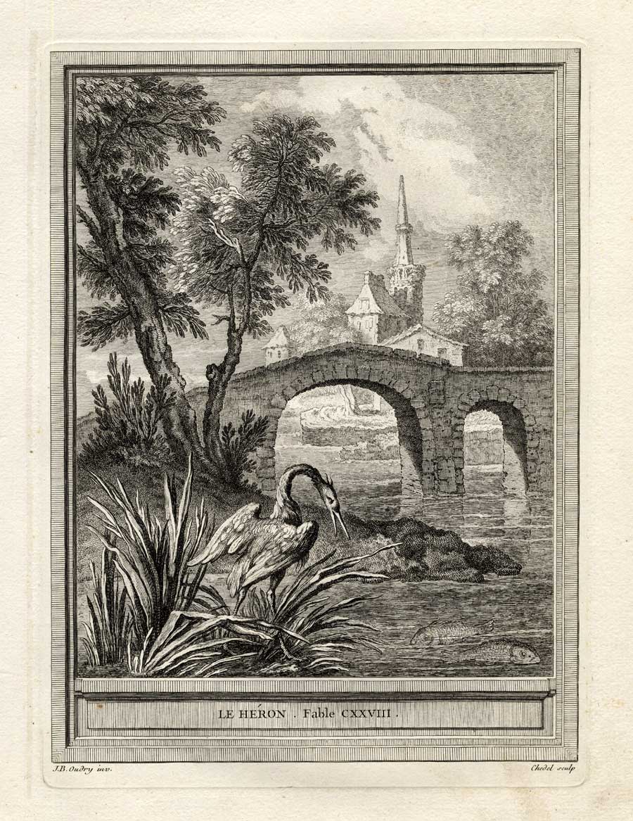 , Antique Print-FABLE-HERON-La Fontaine-1755, Pictura Antique Prints