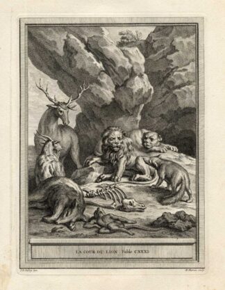 Antique Print-FABLE-LION-COURT-ANIMALS-La Fontaine-1755