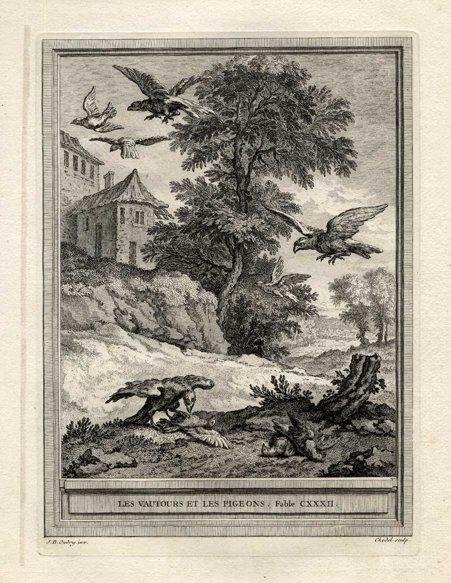 , Antique Print-FABLE-VULTURE-PIGEON-La Fontaine-1755, Pictura Antique Prints