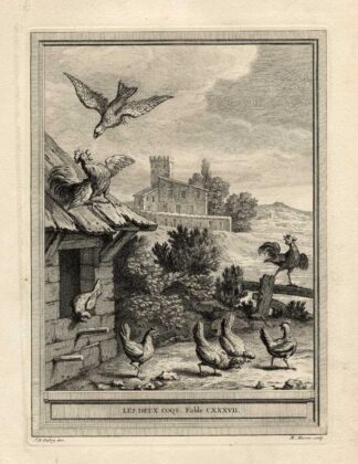Antique Print-FABLE-ROOSTERS-FALCON-La Fontaine-1755