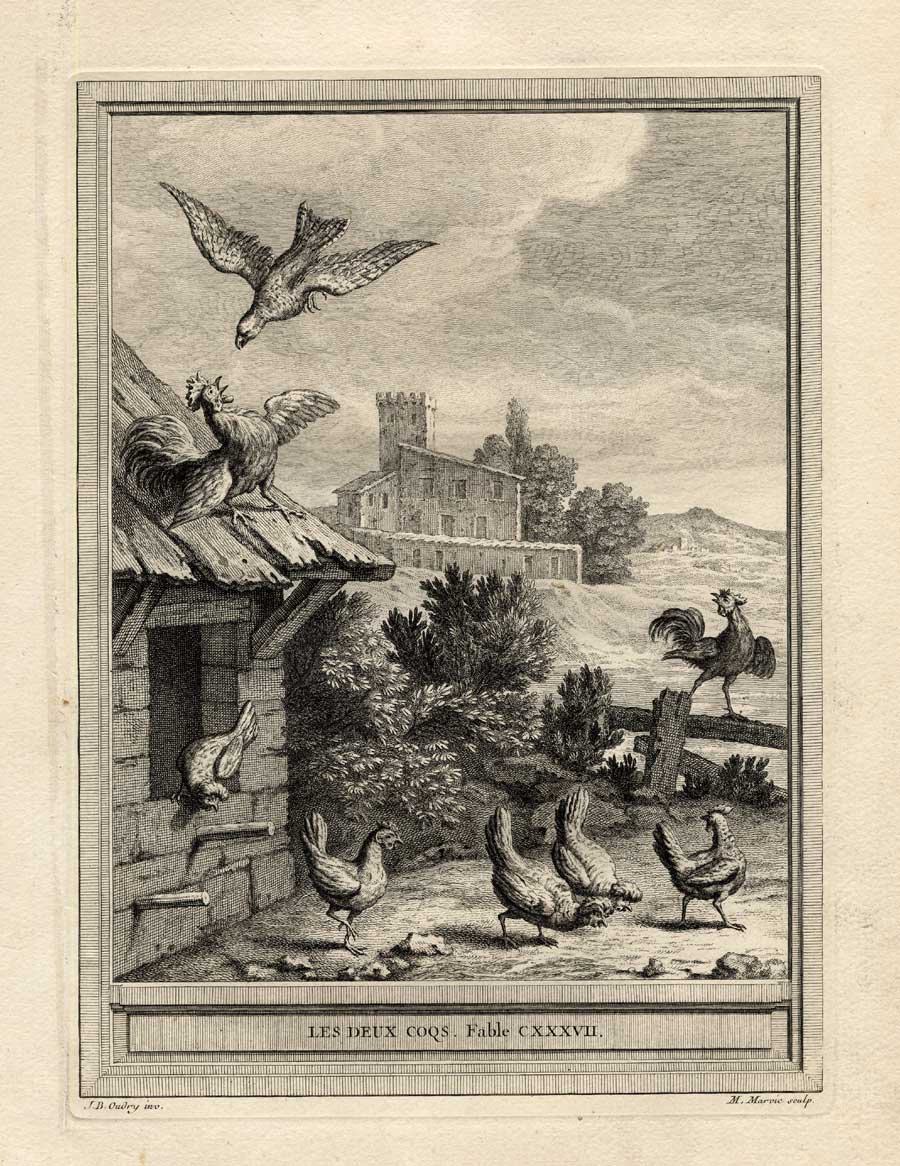 , Antique Print-FABLE-ROOSTERS-FALCON-La Fontaine-1755, Pictura Antique Prints