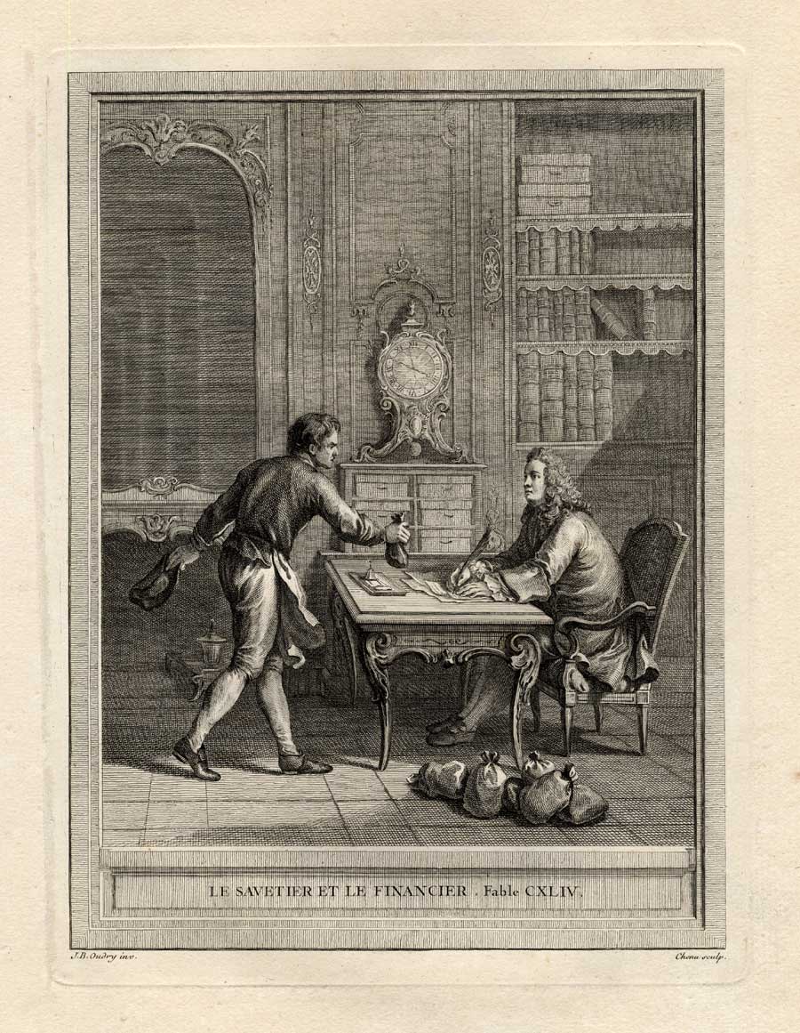 , Antique Print-FABLE-BANKER-MONEY-La Fontaine-1755, Pictura Antique Prints