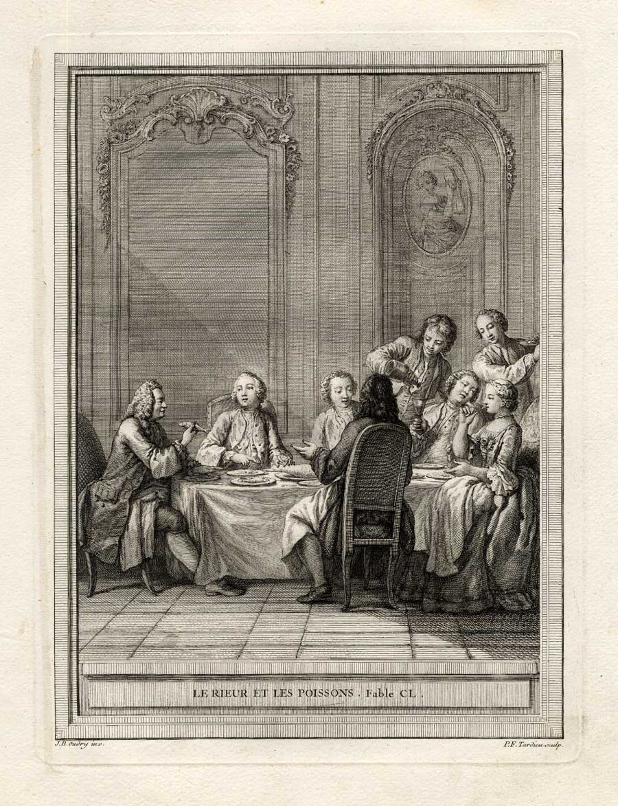 , Antique Print-FABLE-EATING-FISH-La Fontaine-1755, Pictura Antique Prints