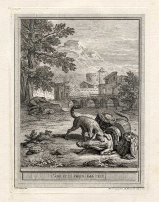Antique Print-FABLE-DONKEY-MULE-DOG-La Fontaine-1755