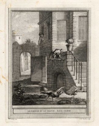 Antique Print-FABLE-FALCON-ROOSTER-La Fontaine-1755