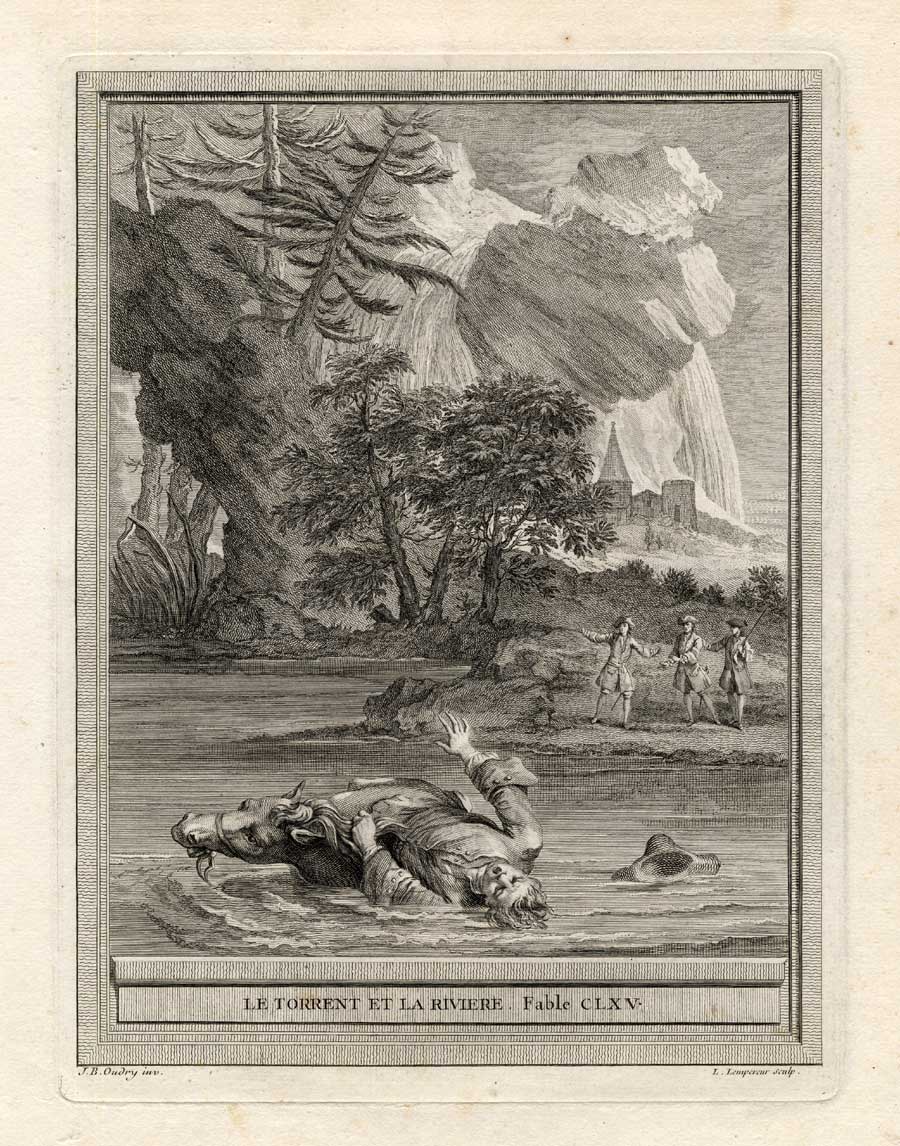 , Antique Print-FABLE-RIVER-HORSE-La Fontaine-1755, Pictura Antique Prints