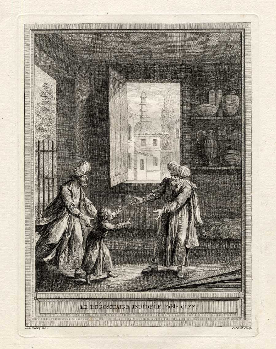 , Antique Print-FABLE-TURBAN-CHILD-La Fontaine-1755, Pictura Antique Prints