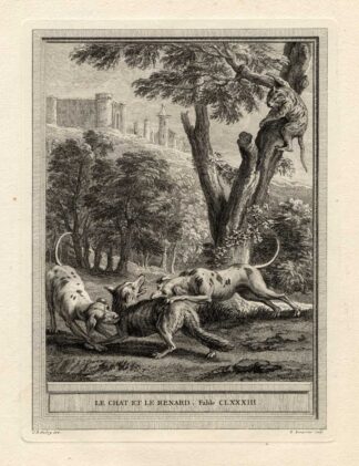 Antique Print-FABLE-FOX-DOG-CAT-La Fontaine-1755