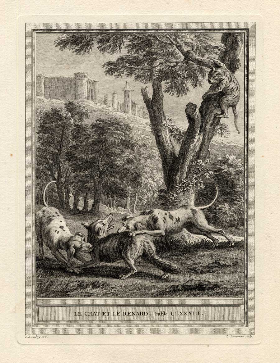 , Antique Print-FABLE-FOX-DOG-CAT-La Fontaine-1755, Pictura Antique Prints