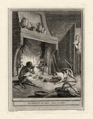 Antique Print-FABLE-MONKEY-CAT-La Fontaine-1755