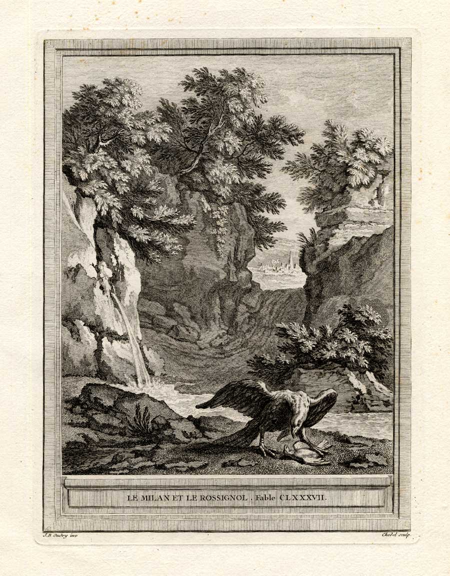 , Antique Print-FABLE-KITE-NIGHTINGALE-La Fontaine-1755, Pictura Antique Prints
