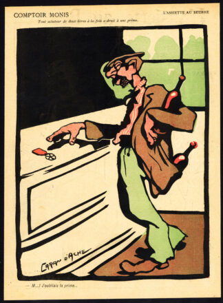 Old satire print-DRUNK-DRINKING-WINE-BONUS-Assiette au Beurre-Caran d'Ache-1912