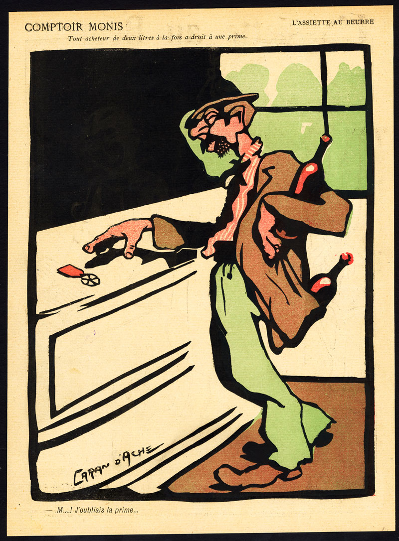 , Old satire print-DRUNK-DRINKING-WINE-BONUS-Assiette au Beurre-Caran d’Ache-1912, Pictura Antique Prints