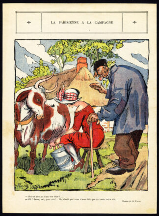 Old satire print-PARIS GIRL AT THE COUNTRYSIDE-MILKING COW-le Rire-Pavis-1927