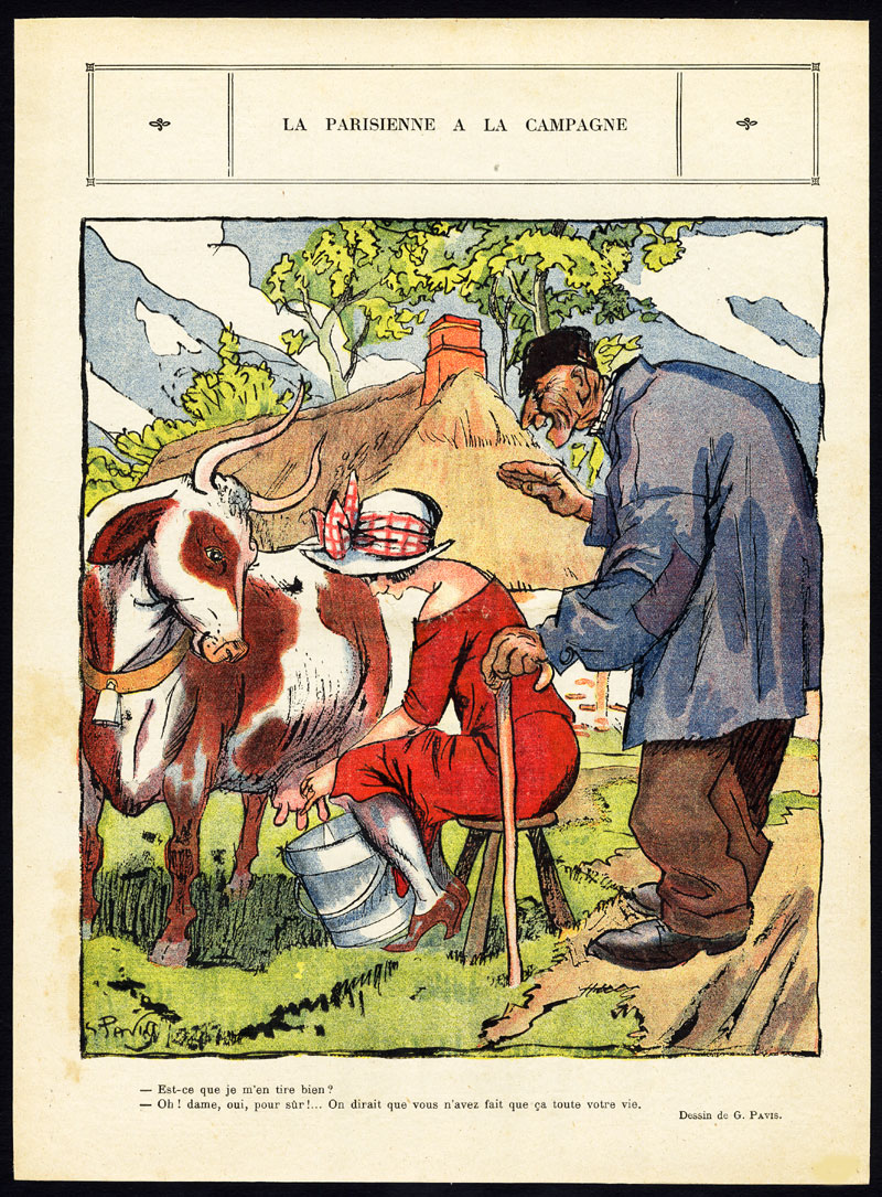 , Old satire print-PARIS GIRL AT THE COUNTRYSIDE-MILKING COW-le Rire-Pavis-1927, Pictura Antique Prints
