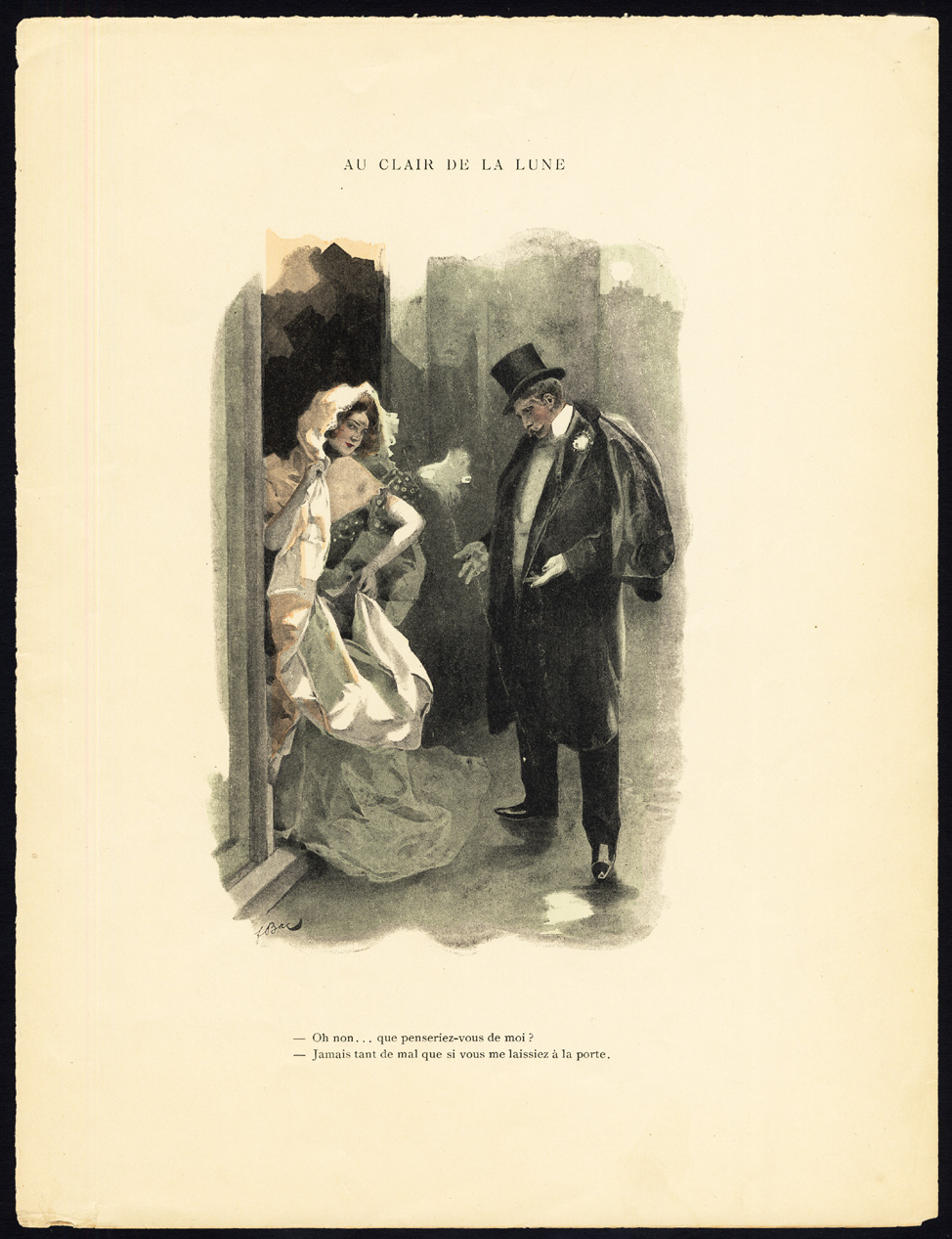 , Antique Print-AU CLAIR DE LA LUNE-19TH CENTURY COSTUME-ROMANCE-Bac-1890, Pictura Antique Prints