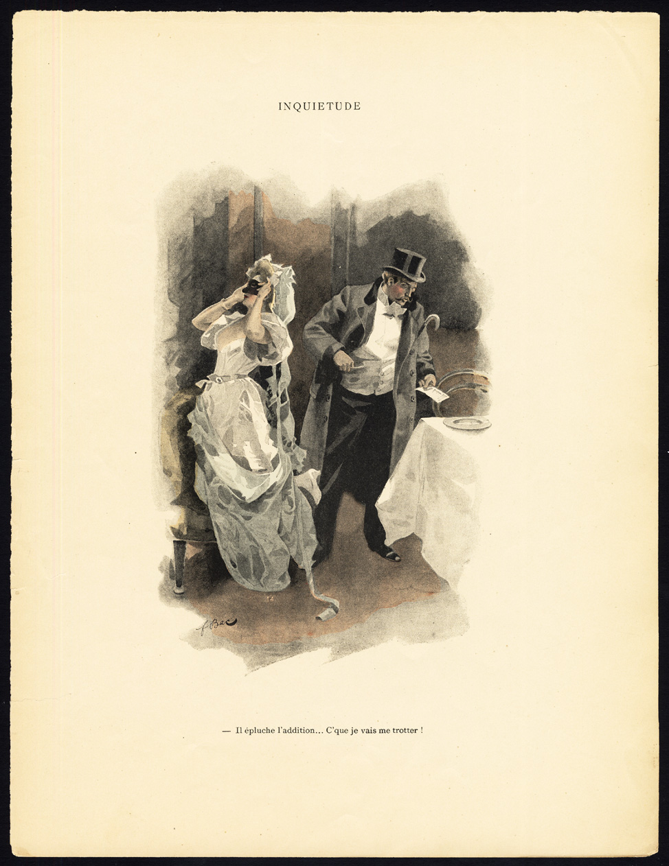 , Antique Print-INQUIETUDE-19TH CENTURY COSTUME-ROMANCE-Bac-1890, Pictura Antique Prints