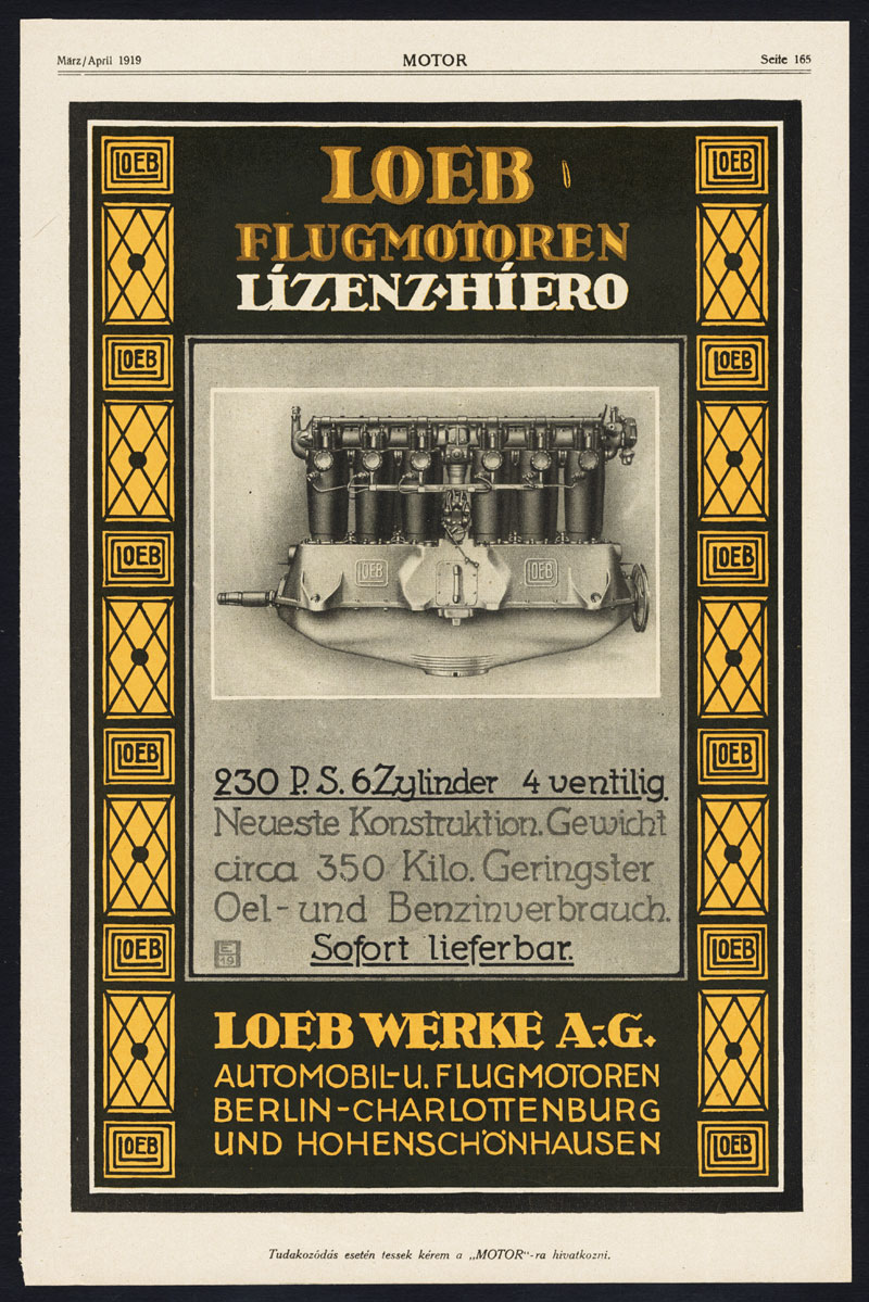 , Antique Print-ADVERTISING-SCHUTTE LANZ-AIRCRAFT-LOEB-CAR-ENGINE-Motor-1917, Pictura Antique Prints