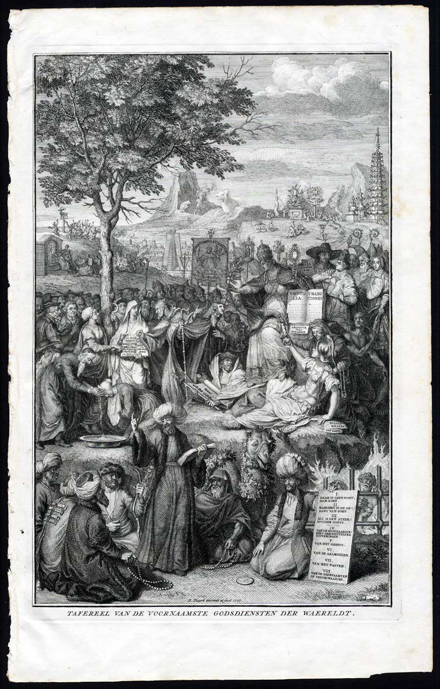 , Antique Print-TITLE PAGE-RELIGIONS OF THE WORLD-PAGODA-CAMEL-SCROLL-Picart-1727, Pictura Antique Prints