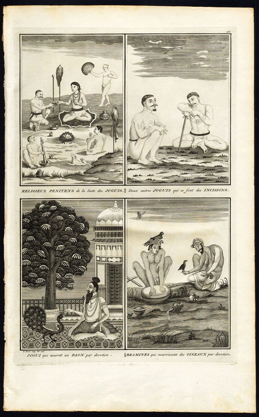 , Antique Print-BRAHMIN-INDIA-YOGI-PENITENCE-RELIGIOUS CUSTOM-PEACOCK-Picart-1727, Pictura Antique Prints
