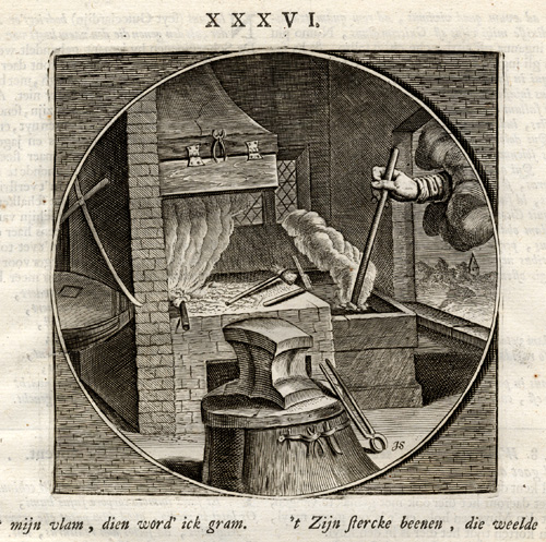 , Antique Print-PROVERB-SMITHY-STEAM-IRON-Jacob Cats-1655, Pictura Antique Prints