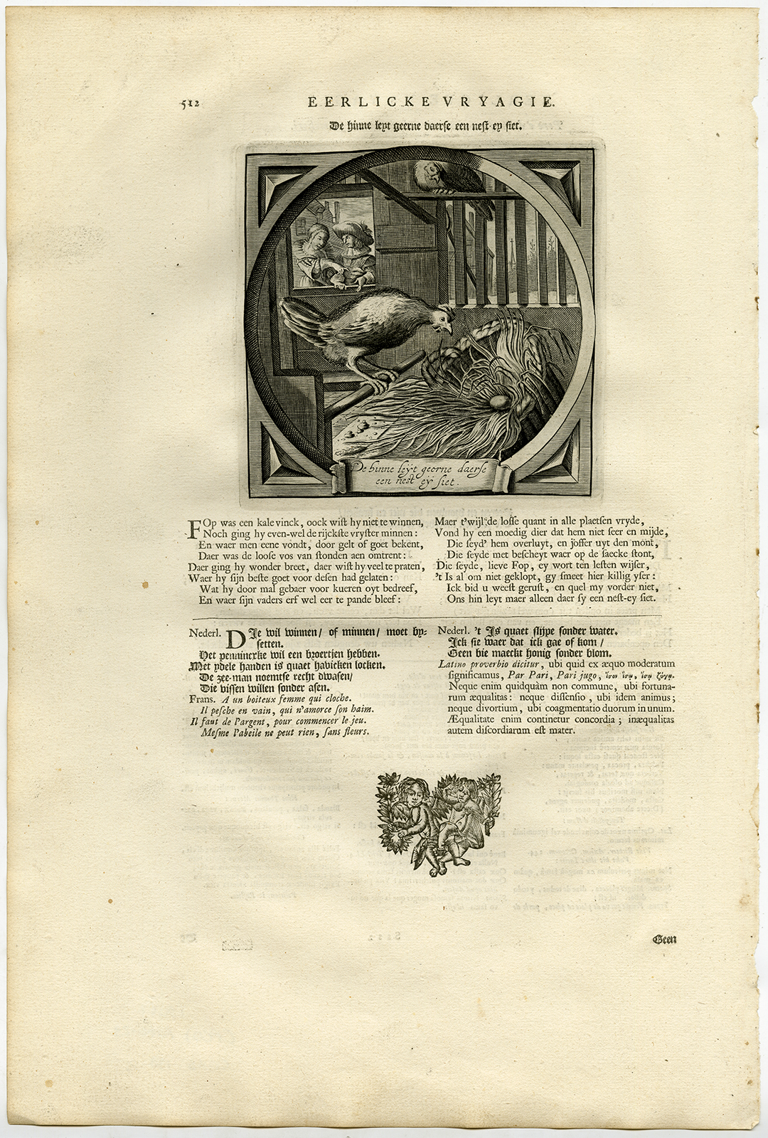 , Antique Print-Emblem-Satirical-Proverb-HEN-EGG-NEST-Venne-Cats-1655, Pictura Antique Prints