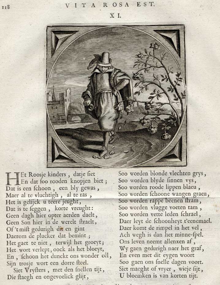 , Antique Print-PROVERB-ROSE-LOVE-TIME-Jacob Cats-1655, Pictura Antique Prints