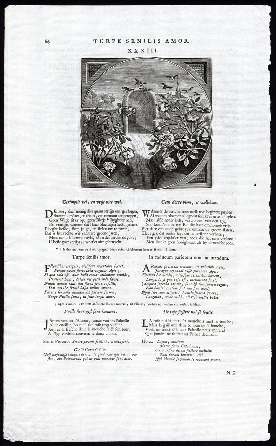 , Antique Print-PROVERB-LOVE-ROSE-BEES-Jacob Cats-1655, Pictura Antique Prints