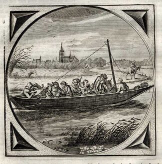 Antique Satire Print-PULLING BOAT-MARRIAGE-Cats-1655